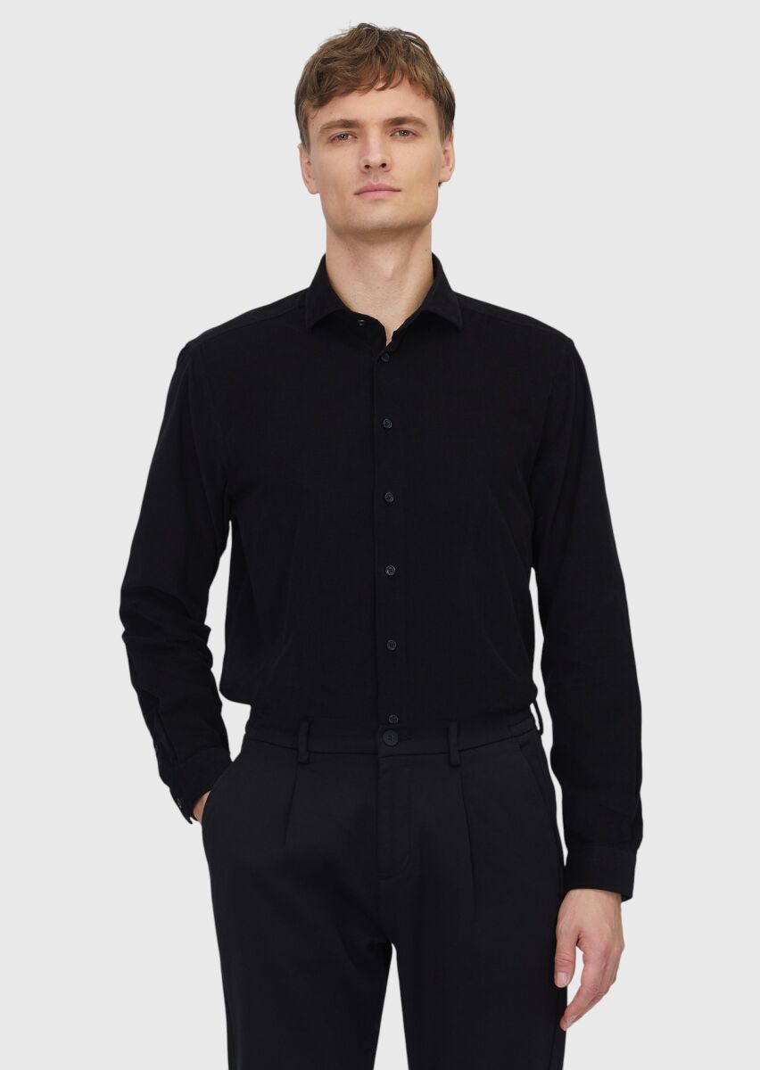 Black Plain Long Weaving Casual 100% Cotton Shirt - 1