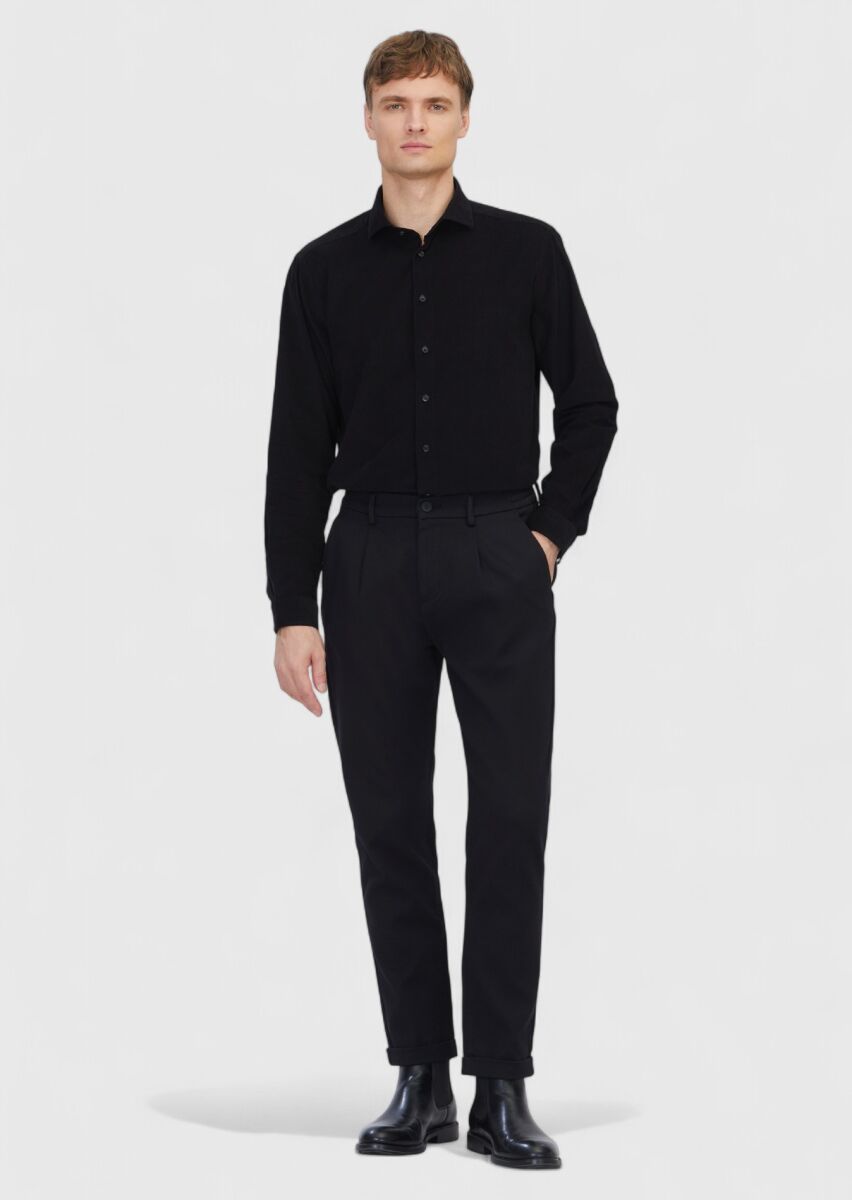 Black Plain Long Weaving Casual 100% Cotton Shirt - 2