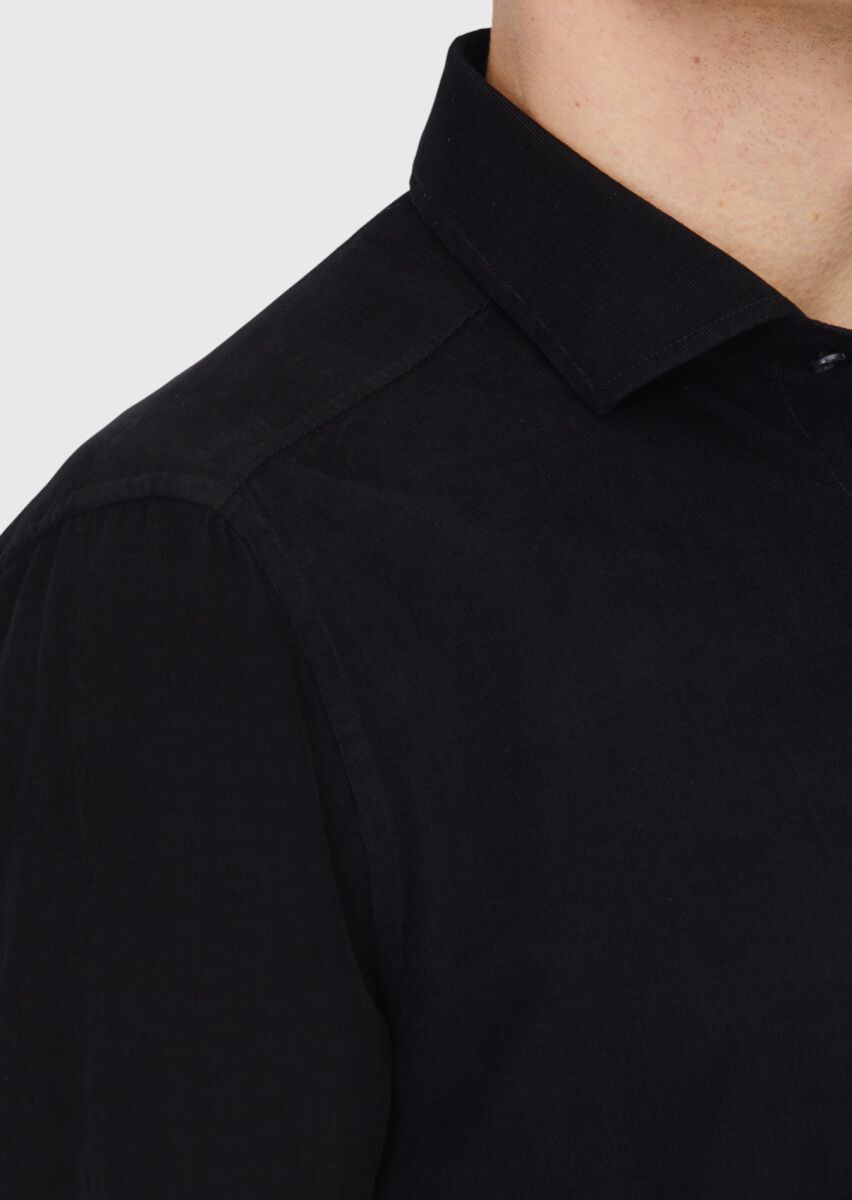 Black Plain Long Weaving Casual 100% Cotton Shirt - 4