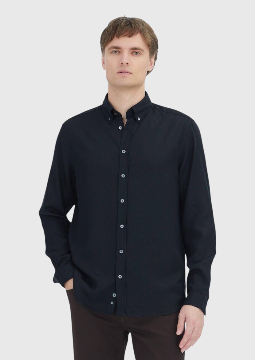 Black Plain Long Weaving Casual Shirt - RAMSEY
