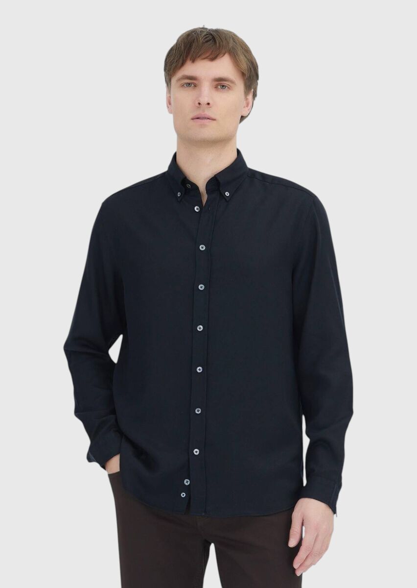 Black Plain Long Weaving Casual Shirt - 1