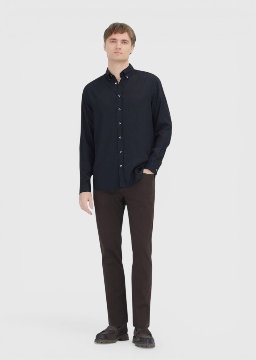 Black Plain Long Weaving Casual Shirt - RAMSEY
