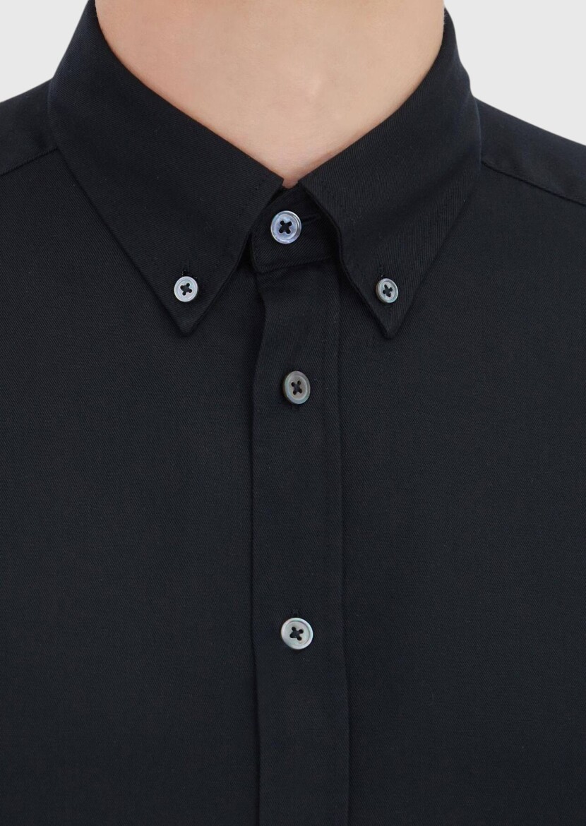 Black Plain Long Weaving Casual Shirt - 3