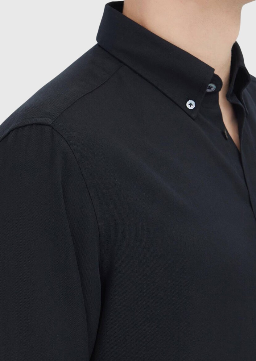 Black Plain Long Weaving Casual Shirt - 4