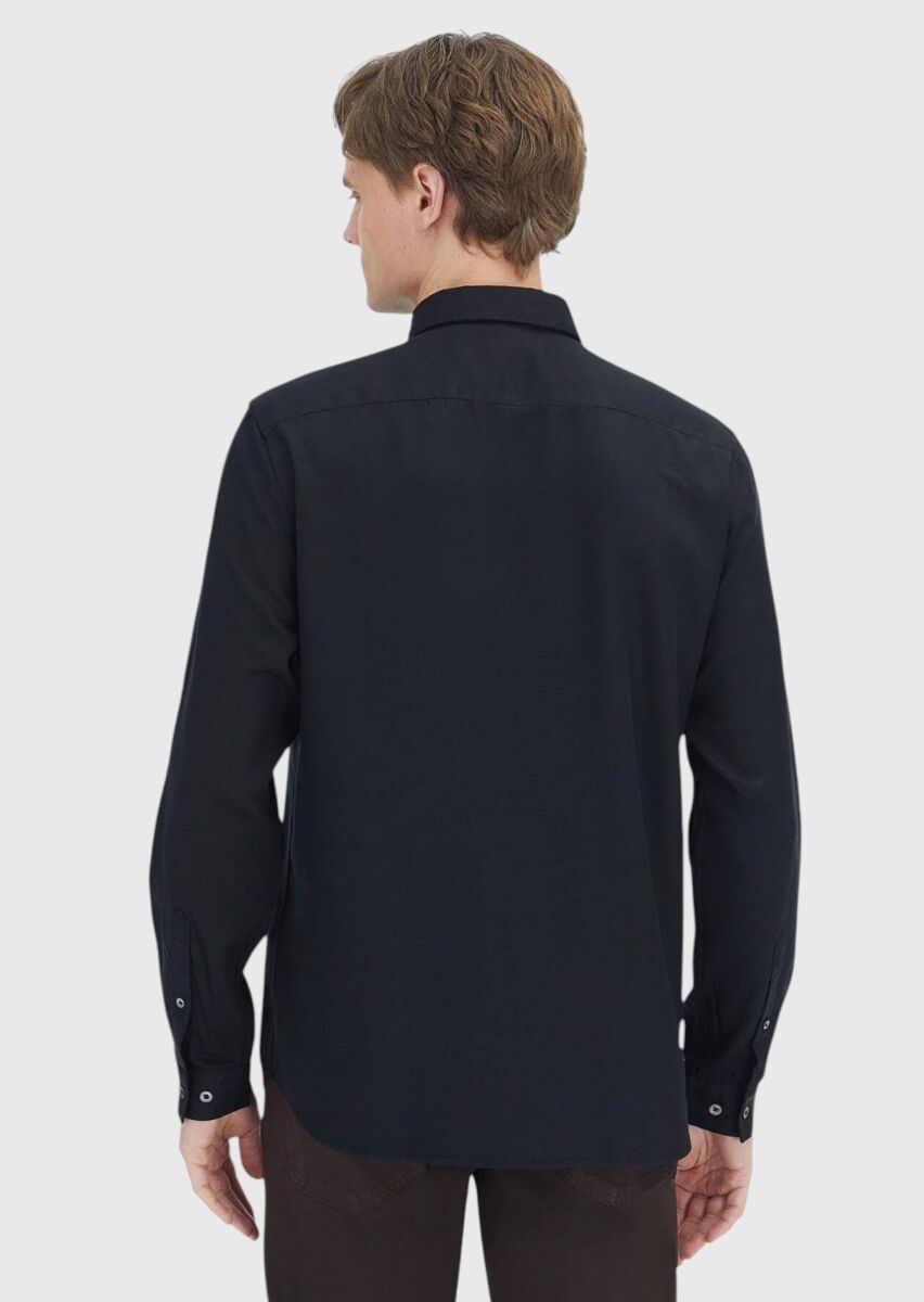 Black Plain Long Weaving Casual Shirt - 5