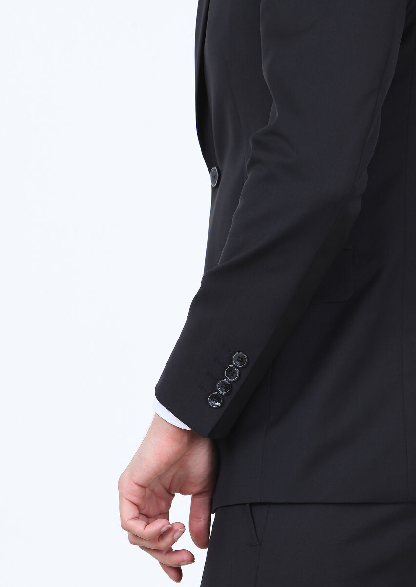 Black Plain Modern Fit 100% Wool Suit - 3