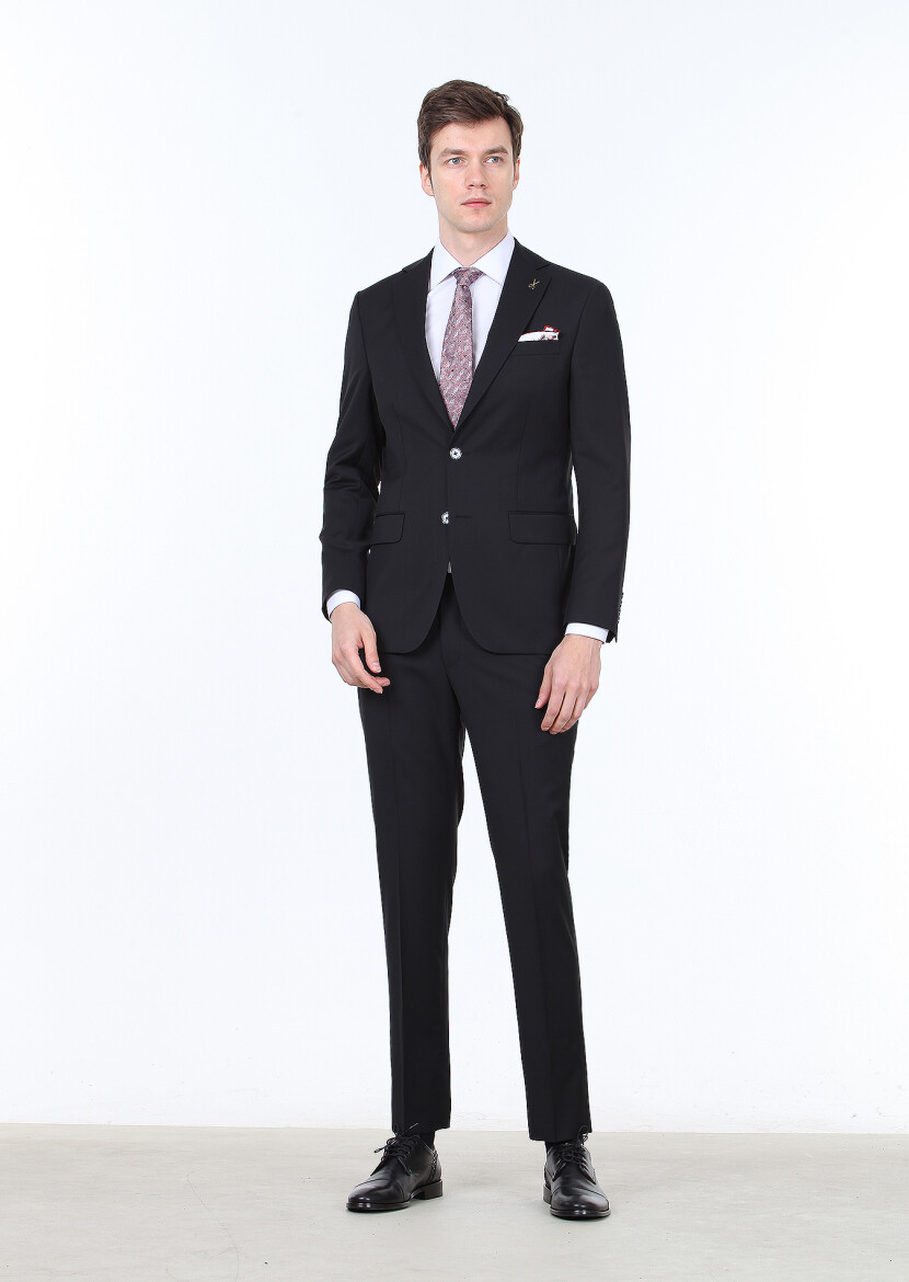 Black Plain Modern Fit 100% Wool Suit - 4