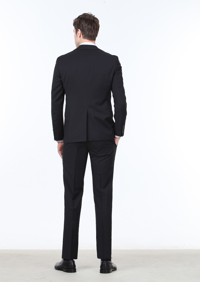 Black Plain Modern Fit 100% Wool Suit - 5
