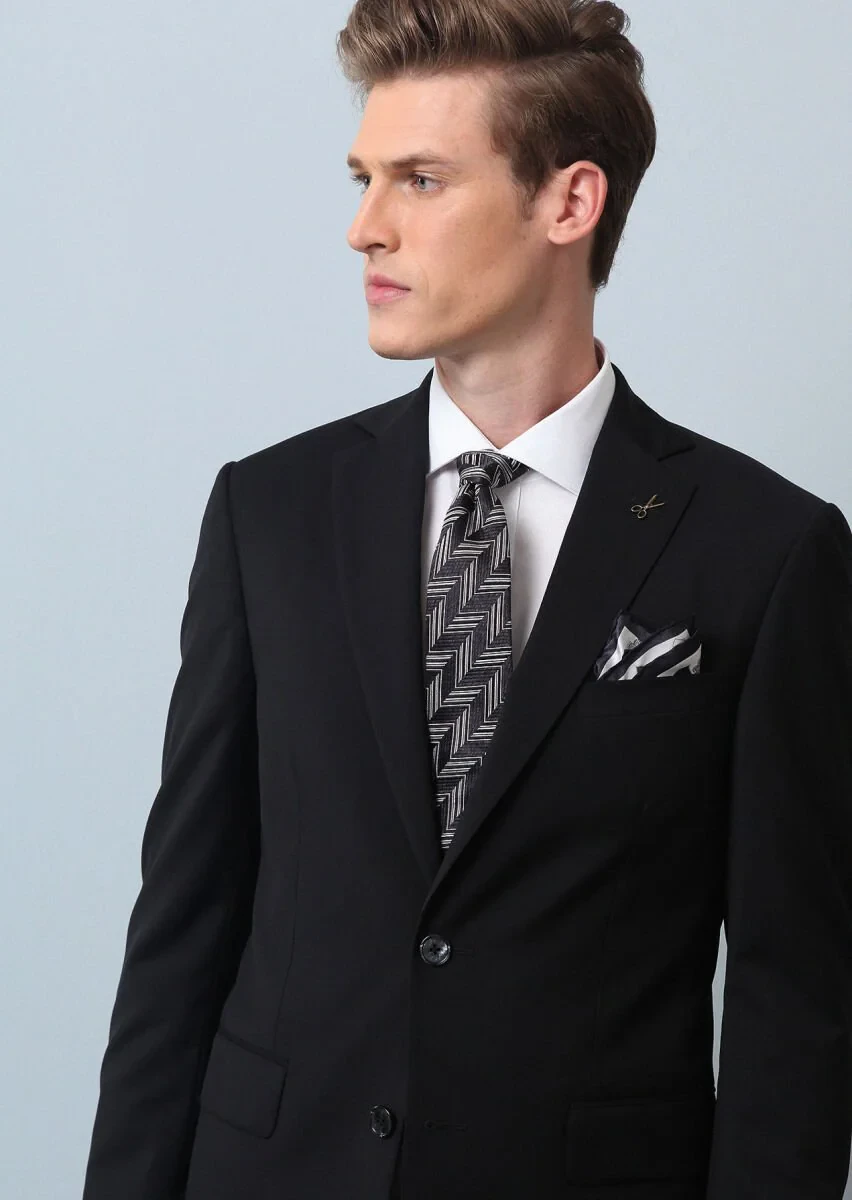 Black Plain Modern Fit 100% Wool Suit - 3