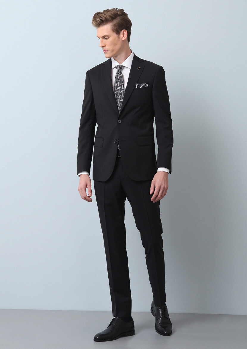 Black Plain Modern Fit 100% Wool Suit - 1