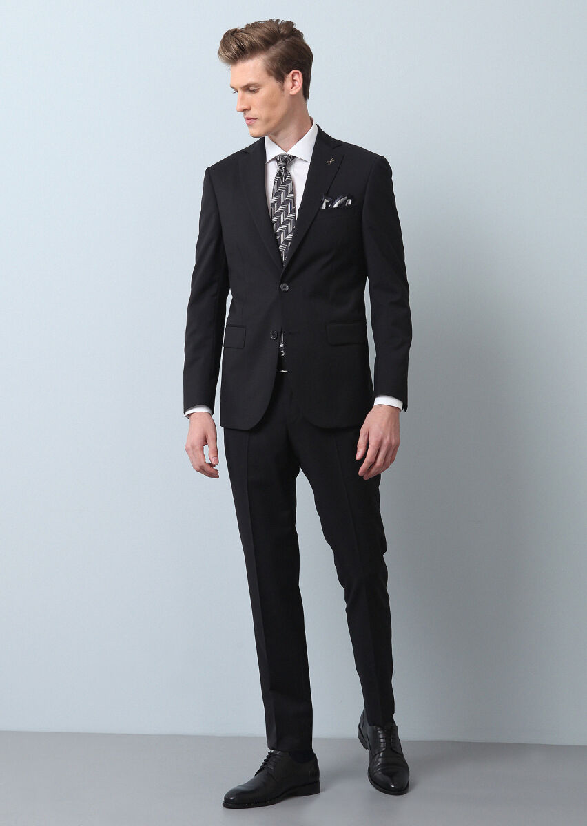 Black Plain Modern Fit 100% Wool Suit - 1