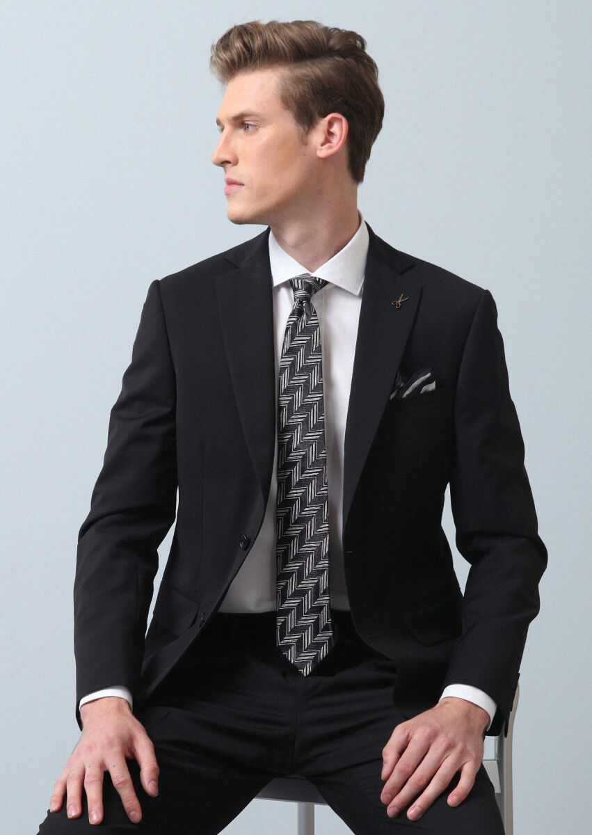 Black Plain Modern Fit 100% Wool Suit - 2