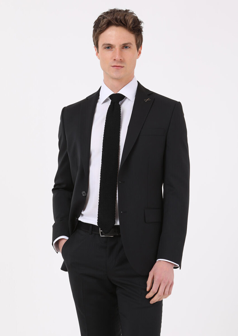 Black Plain Modern Fit 100% Wool Suit - 2