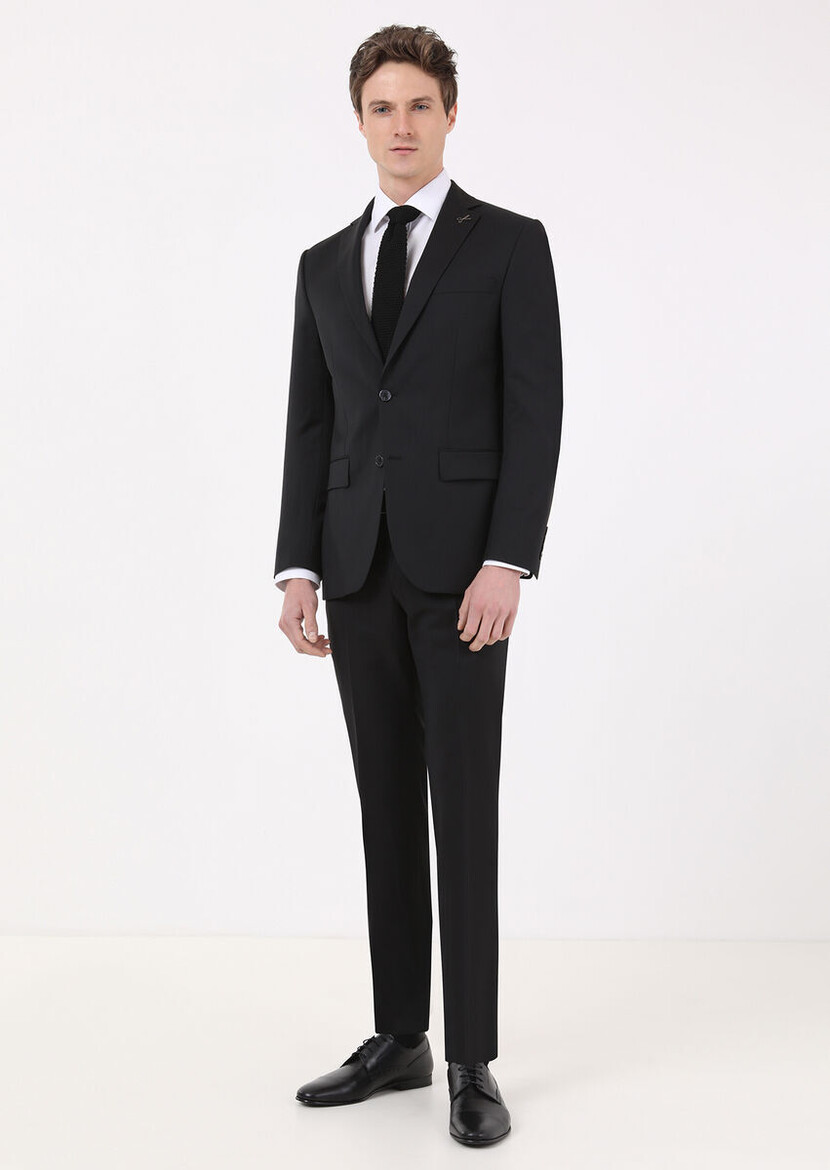 Black Plain Modern Fit 100% Wool Suit - 1