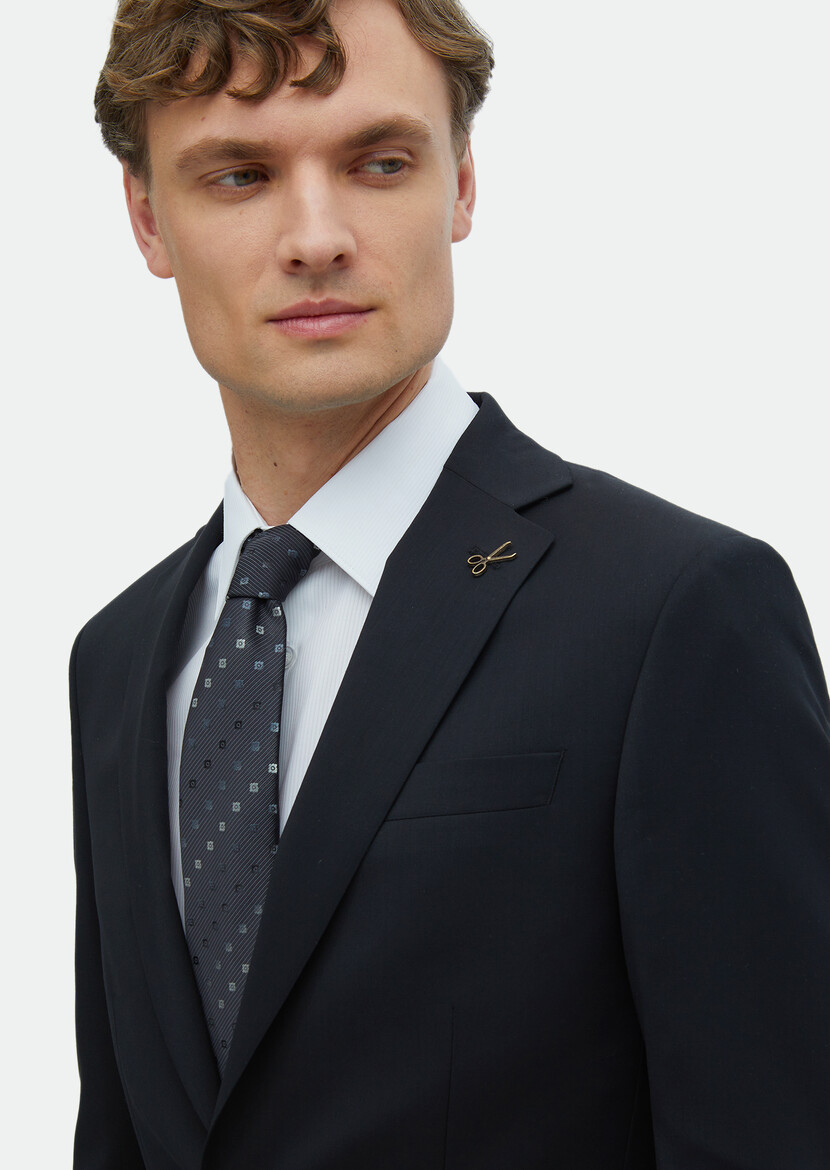 Black Plain Modern Fit 100% Wool Suit - 3