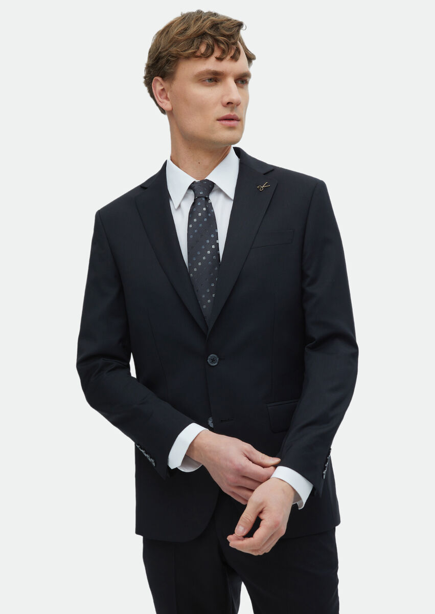 Black Plain Modern Fit 100% Wool Suit - 6