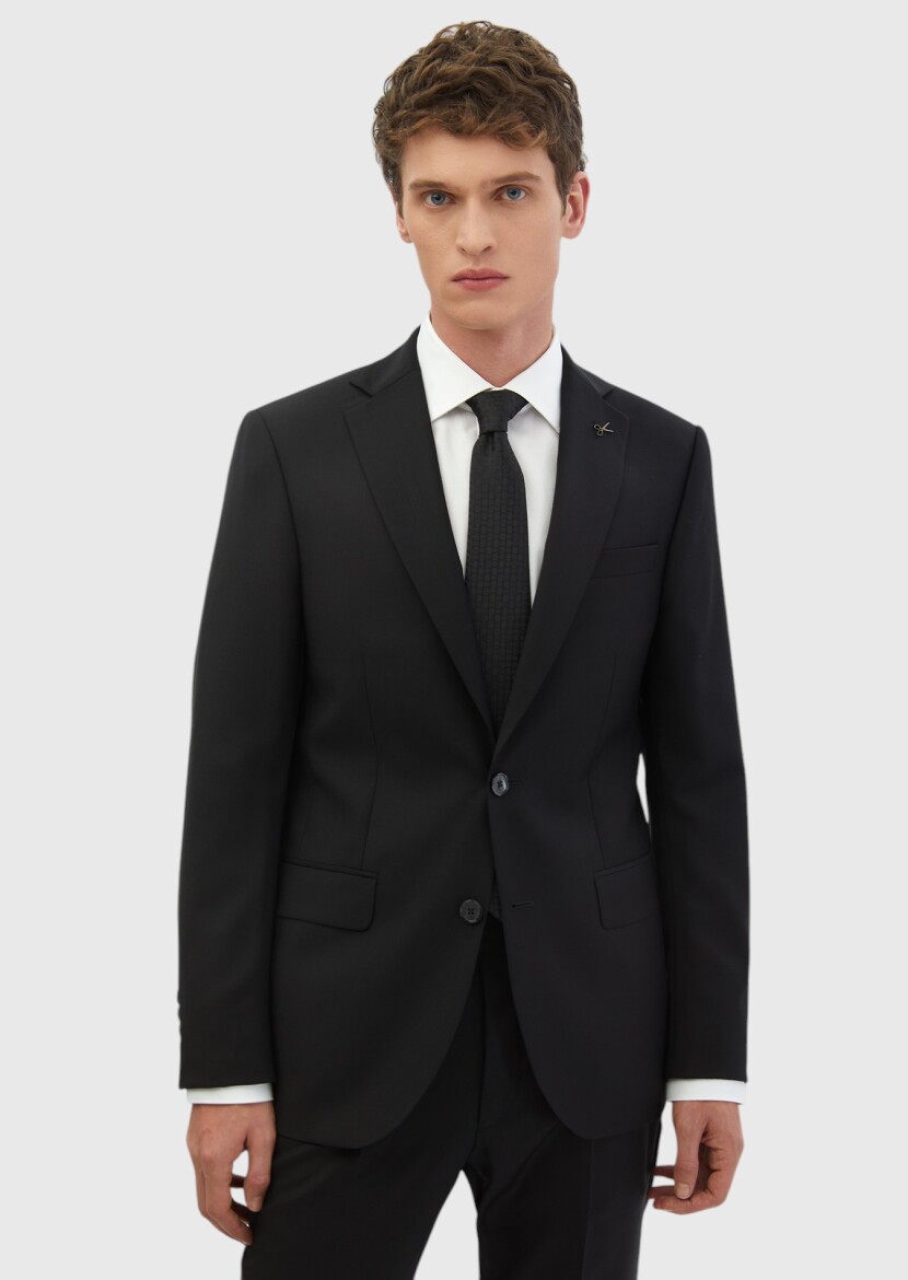 Black Plain Modern Fit 100% Wool Suit - 1