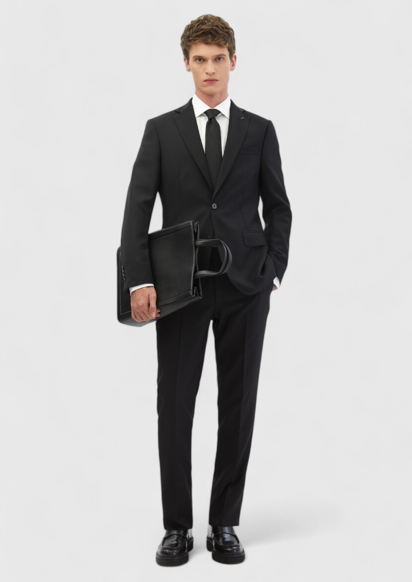 Black Plain Modern Fit 100% Wool Suit - 2