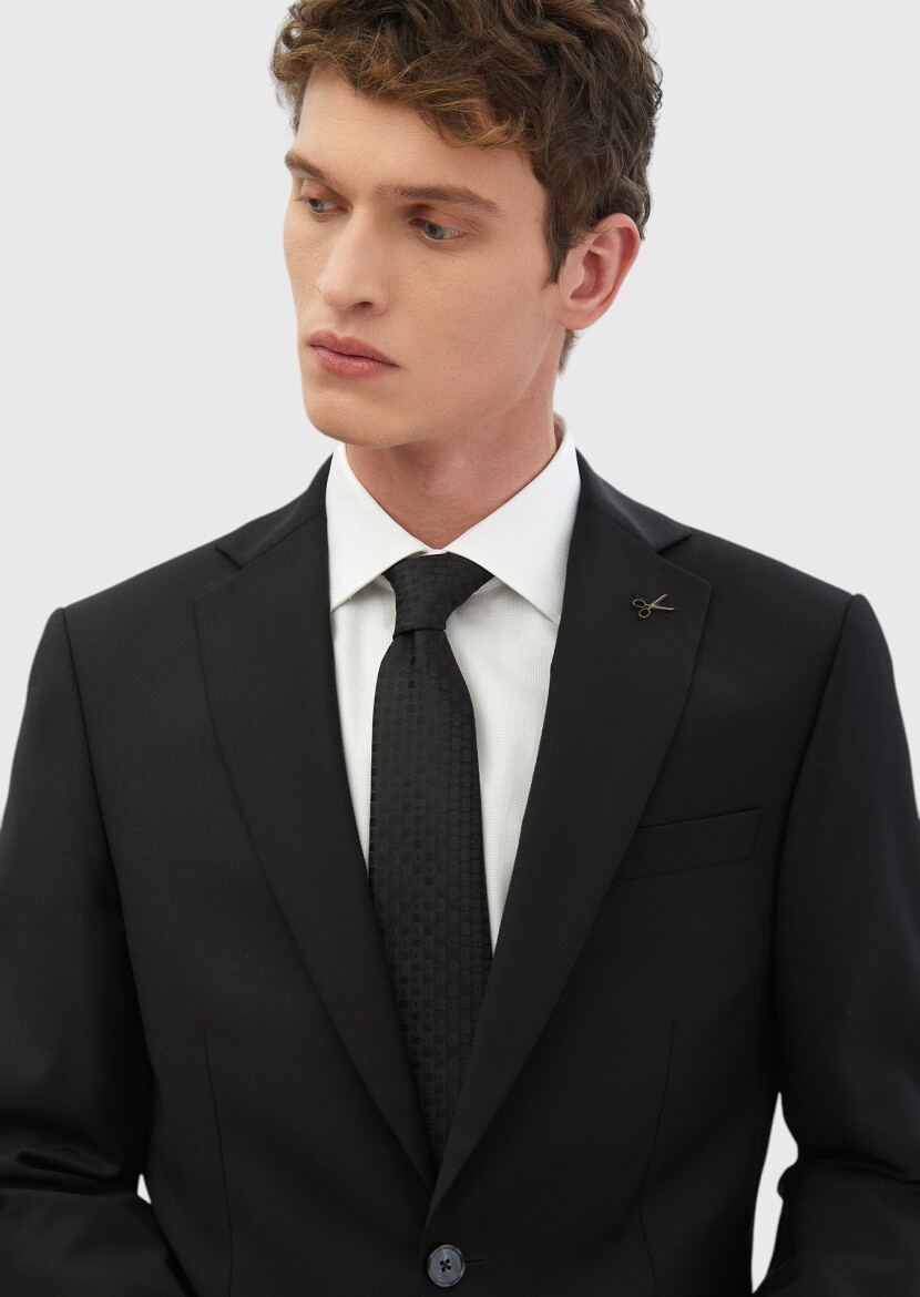 Black Plain Modern Fit 100% Wool Suit - 3