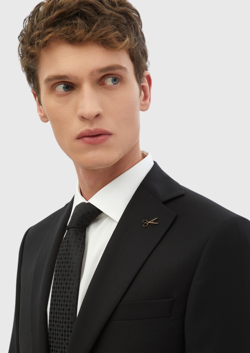 Black Plain Modern Fit 100% Wool Suit - 4