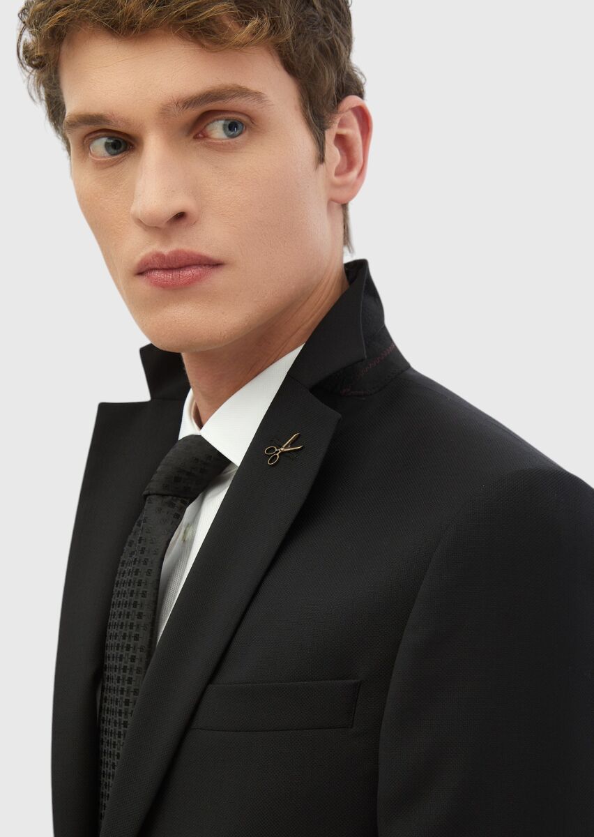 Black Plain Modern Fit 100% Wool Suit - 5