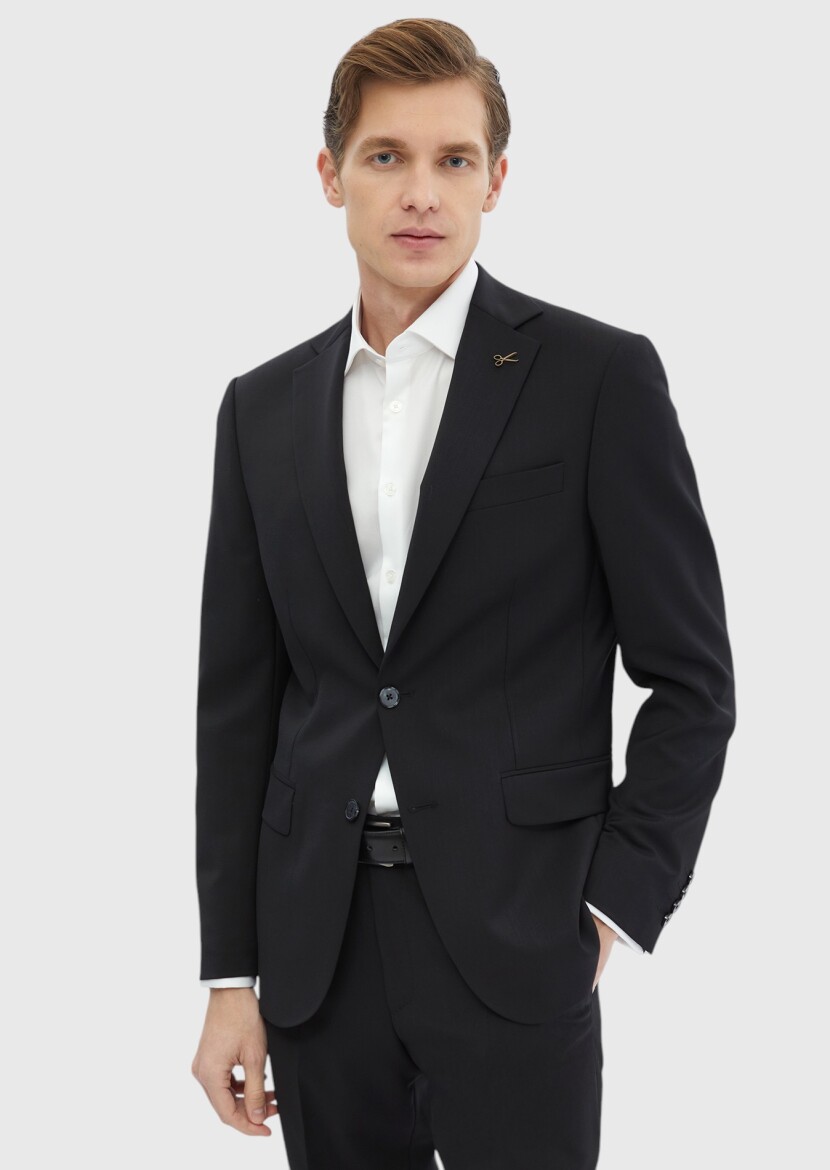 Black Plain Modern Fit 100% Wool Suit - 1