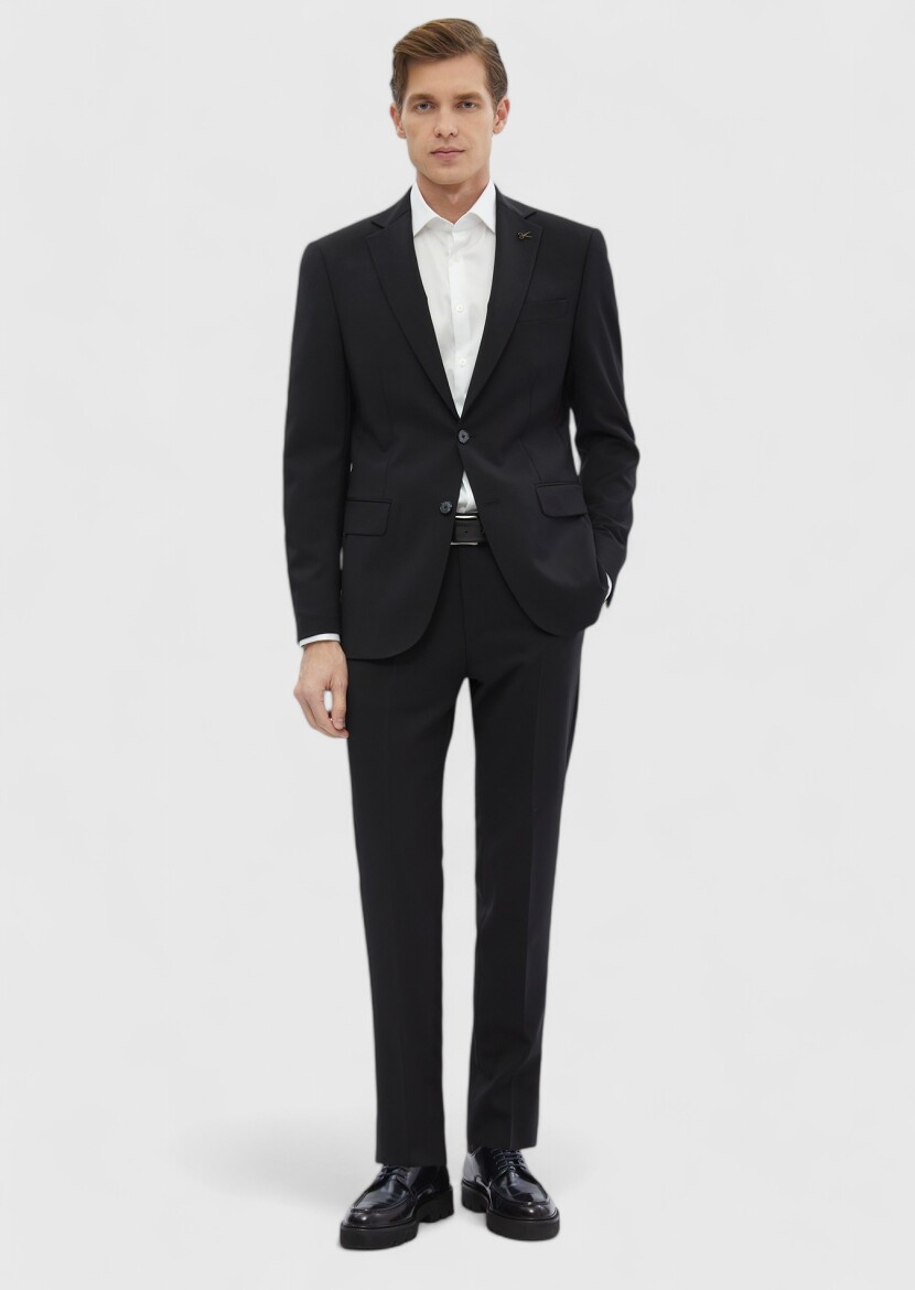 Black Plain Modern Fit 100% Wool Suit - 2