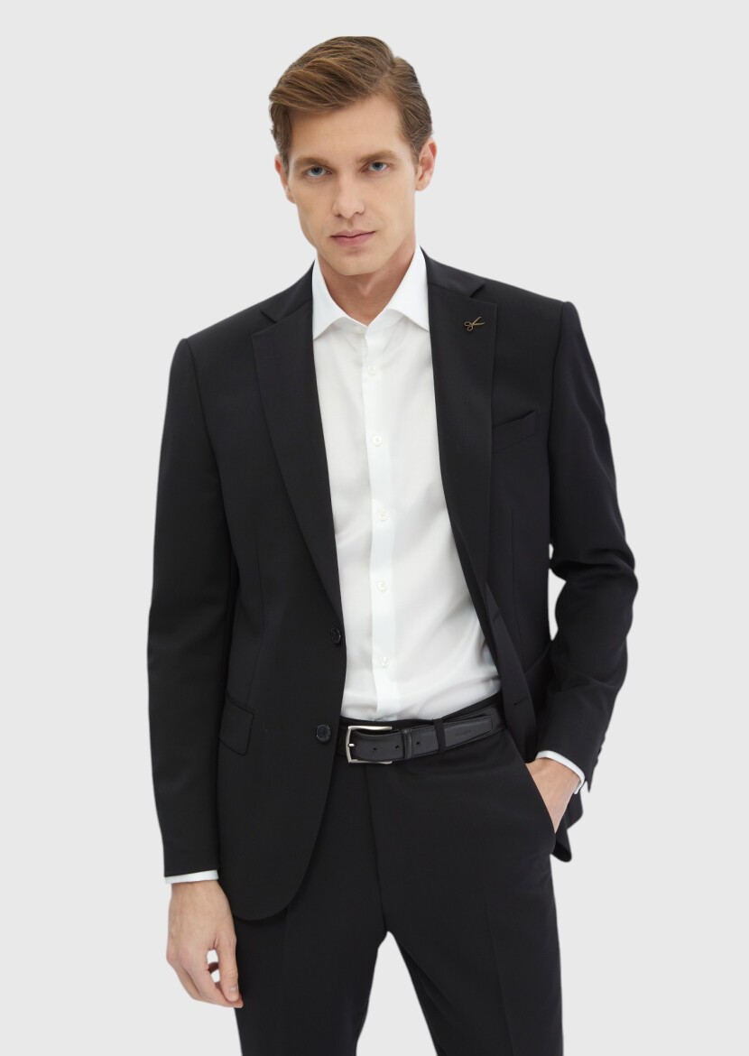 Black Plain Modern Fit 100% Wool Suit - 3