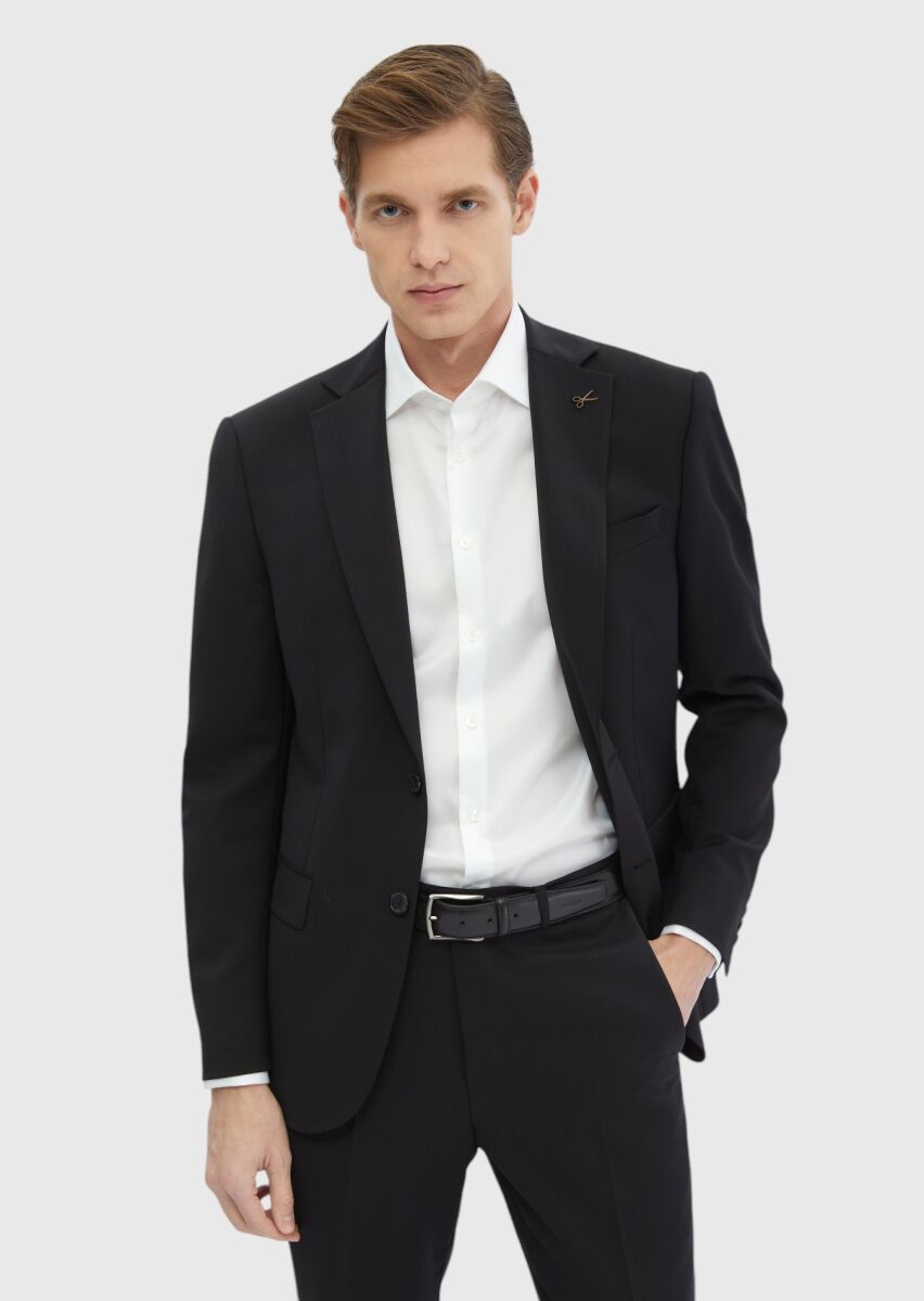 Black Plain Modern Fit 100% Wool Suit - 3