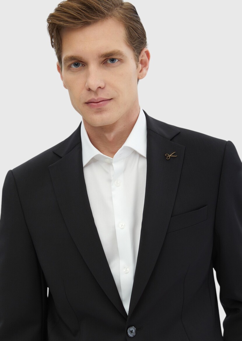 Black Plain Modern Fit 100% Wool Suit - 4