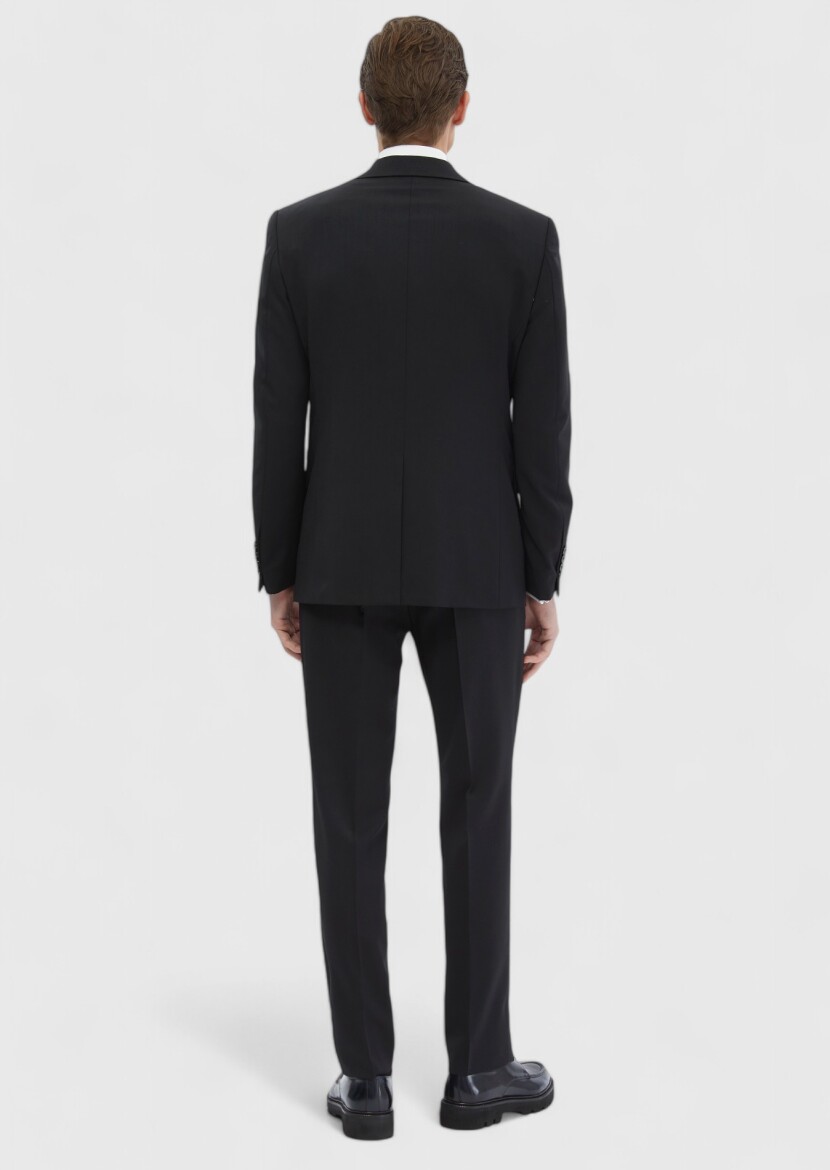 Black Plain Modern Fit 100% Wool Suit - 7