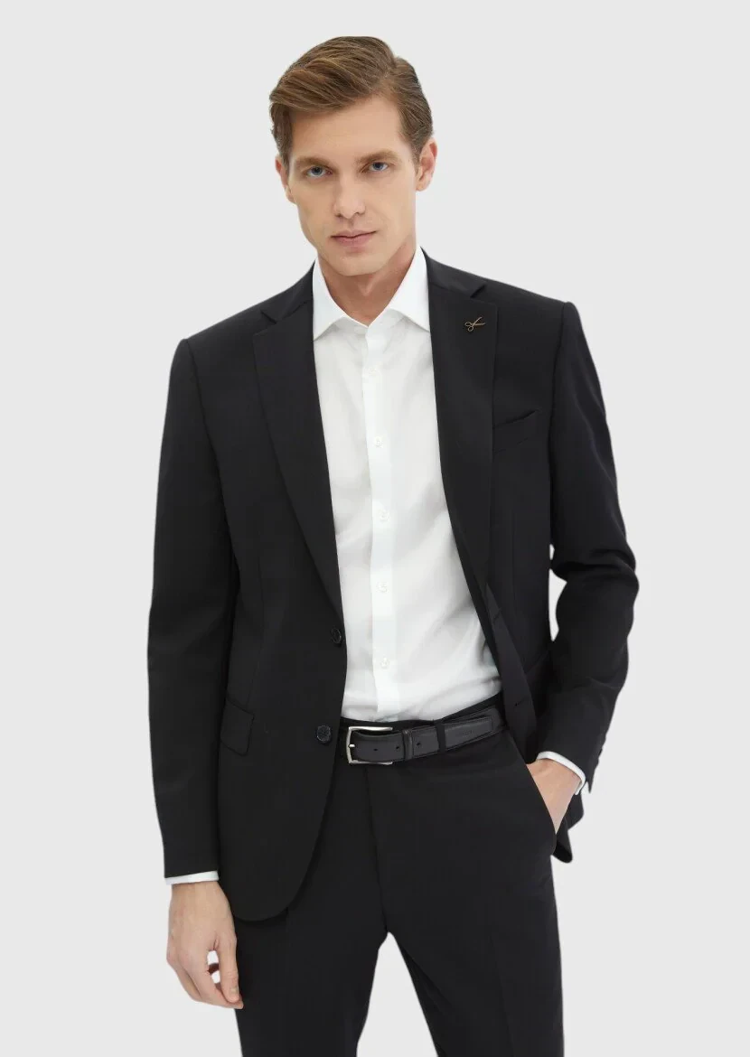 Black Plain Modern Fit 100% Wool Suit - 3