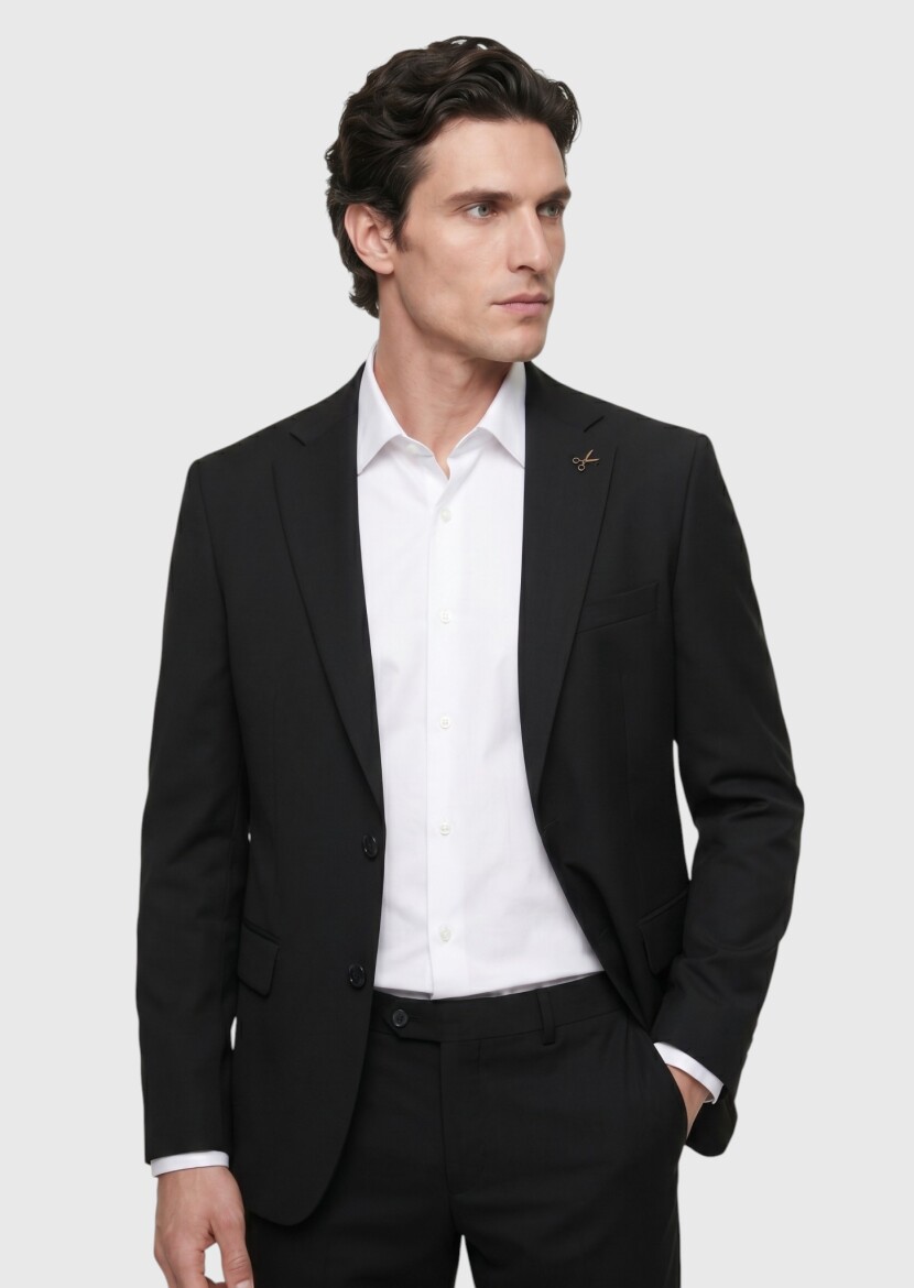 Black Plain Modern Fit 100% Wool Suit - RAMSEY