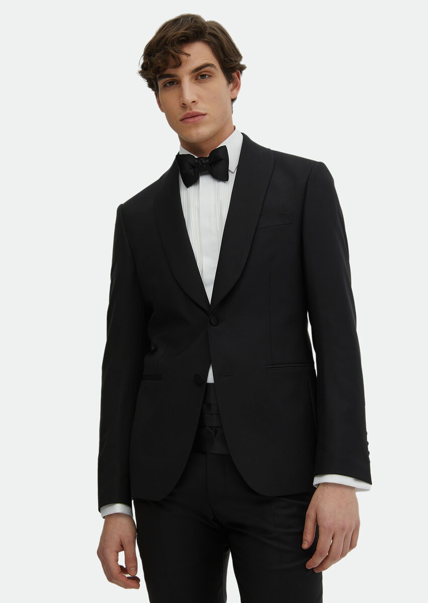 Black Plain Modern Fit Butterfly Collar Weaving Tuxedo - 1