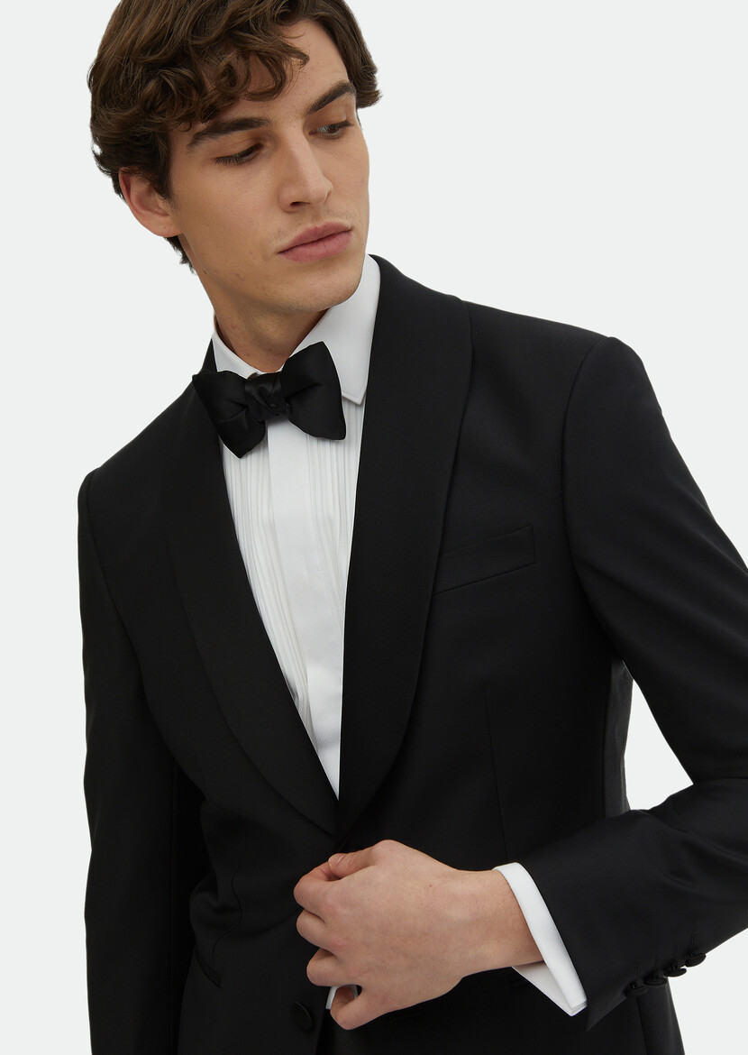 Black Plain Modern Fit Butterfly Collar Weaving Tuxedo - 3