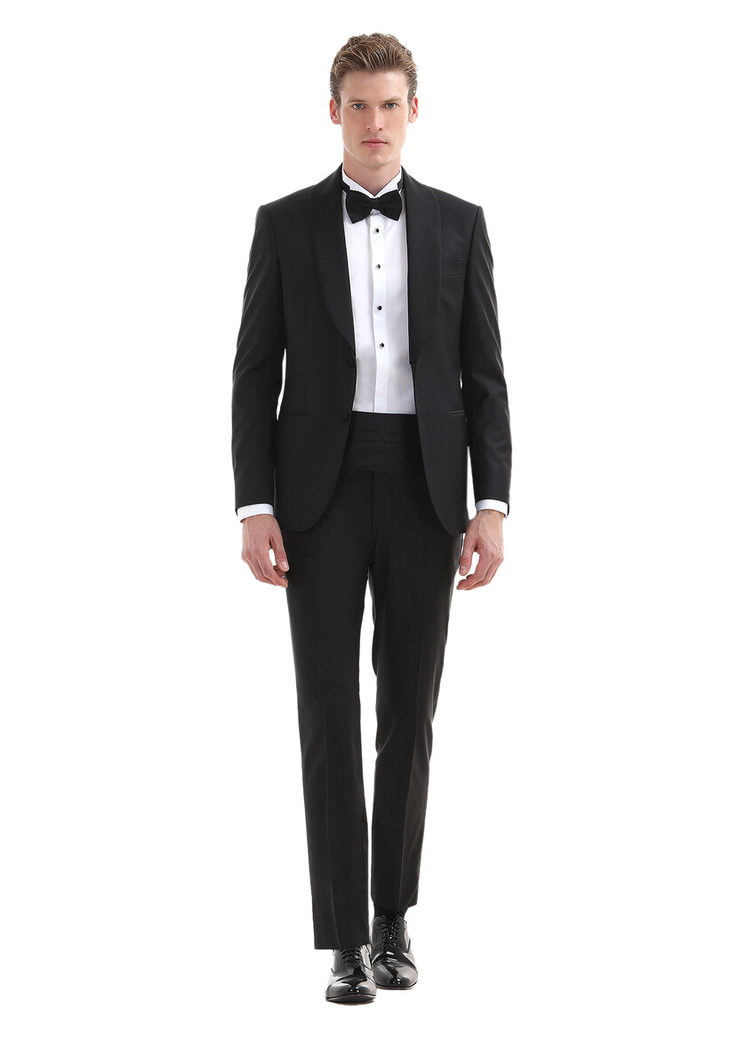 Black Plain Modern Fit Butterfly Collar Weaving Tuxedo - 1