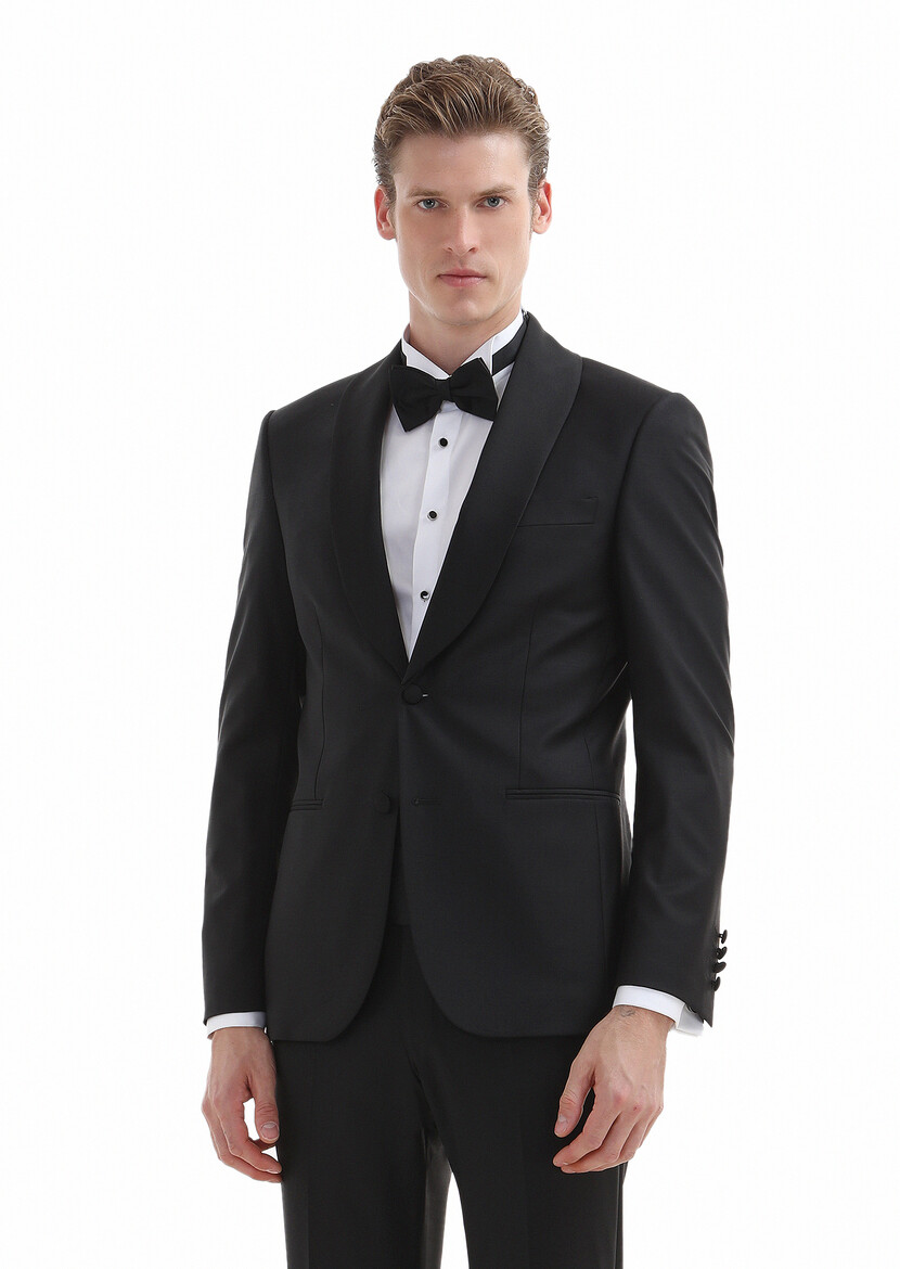 Black Plain Modern Fit Butterfly Collar Weaving Tuxedo - 2