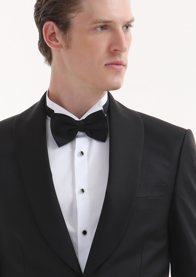 Black Plain Modern Fit Butterfly Collar Weaving Tuxedo - 3