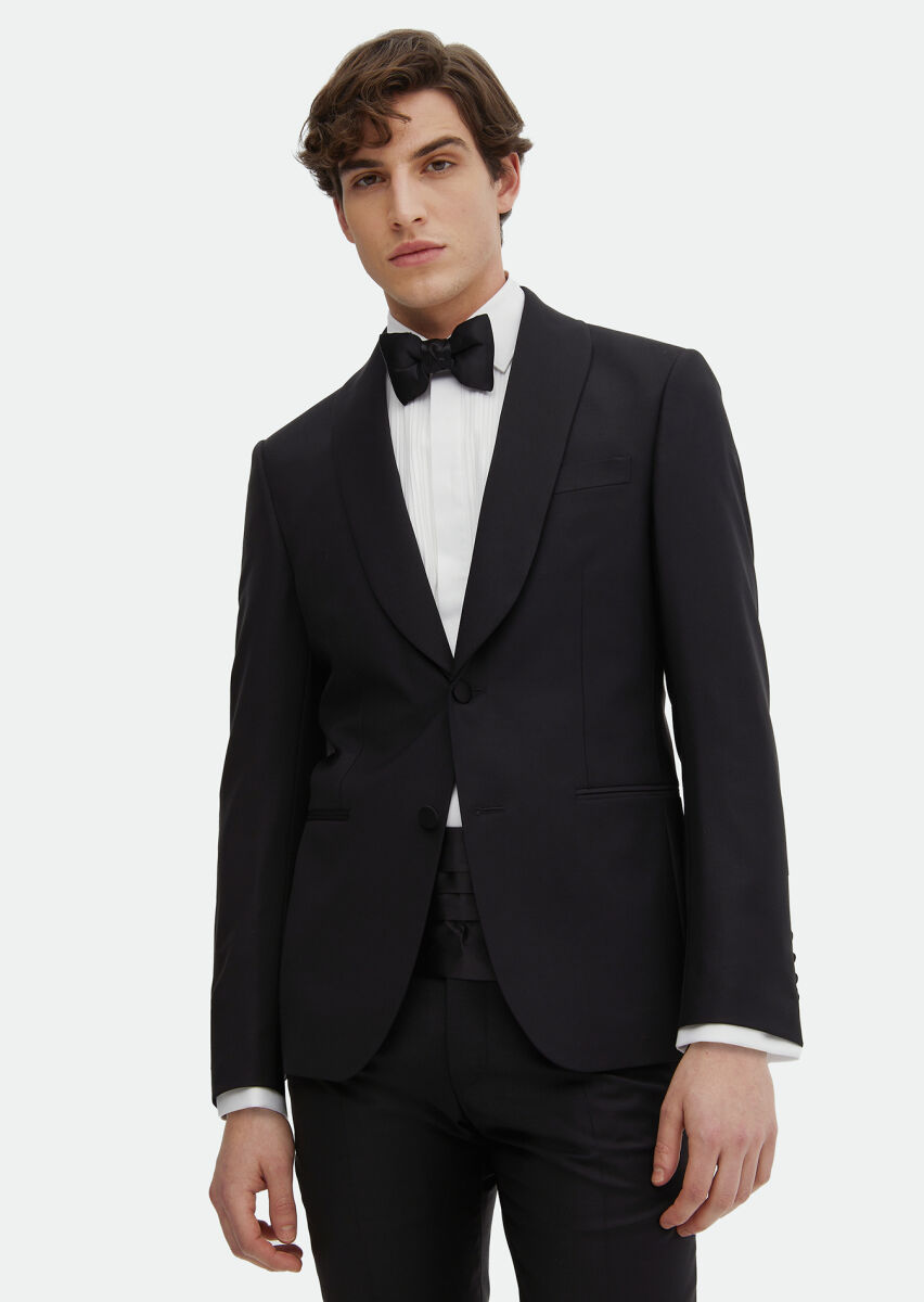 Black Plain Modern Fit Butterfly Collar Weaving Tuxedo - 1