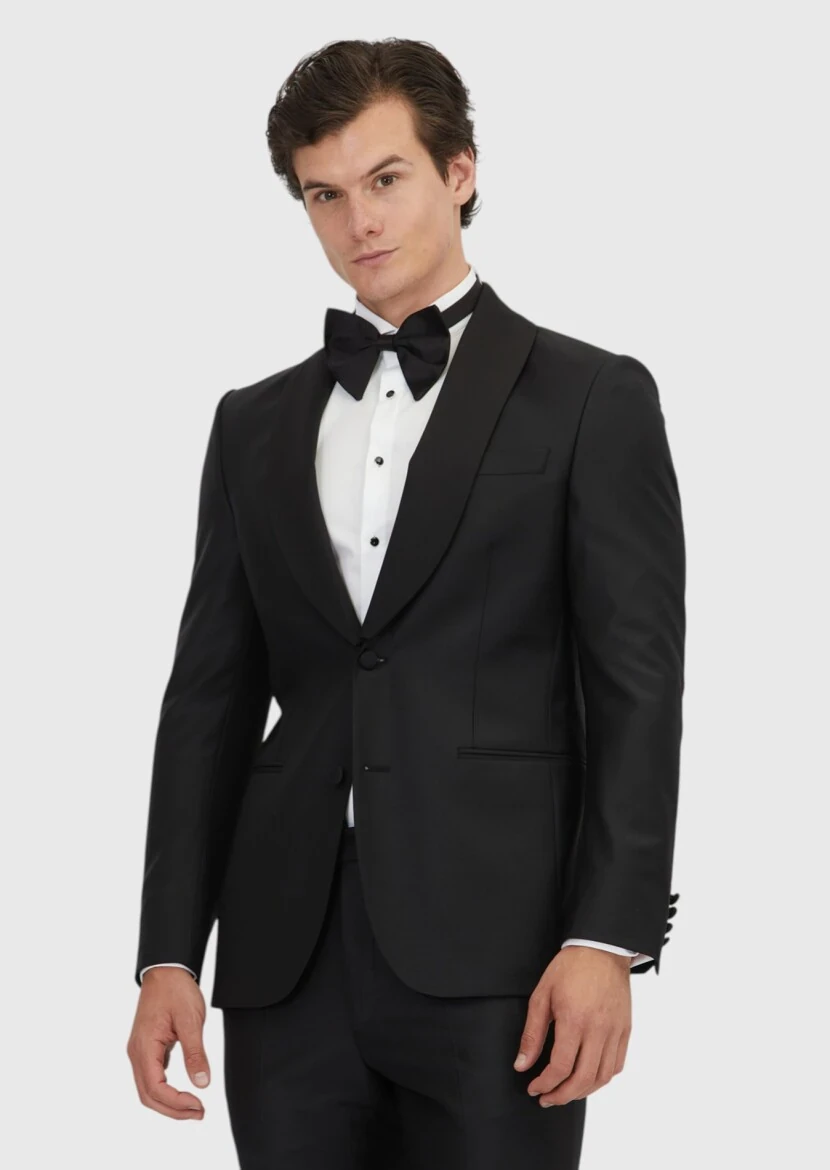 Black Plain Modern Fit Butterfly Collar Weaving Tuxedo - 1