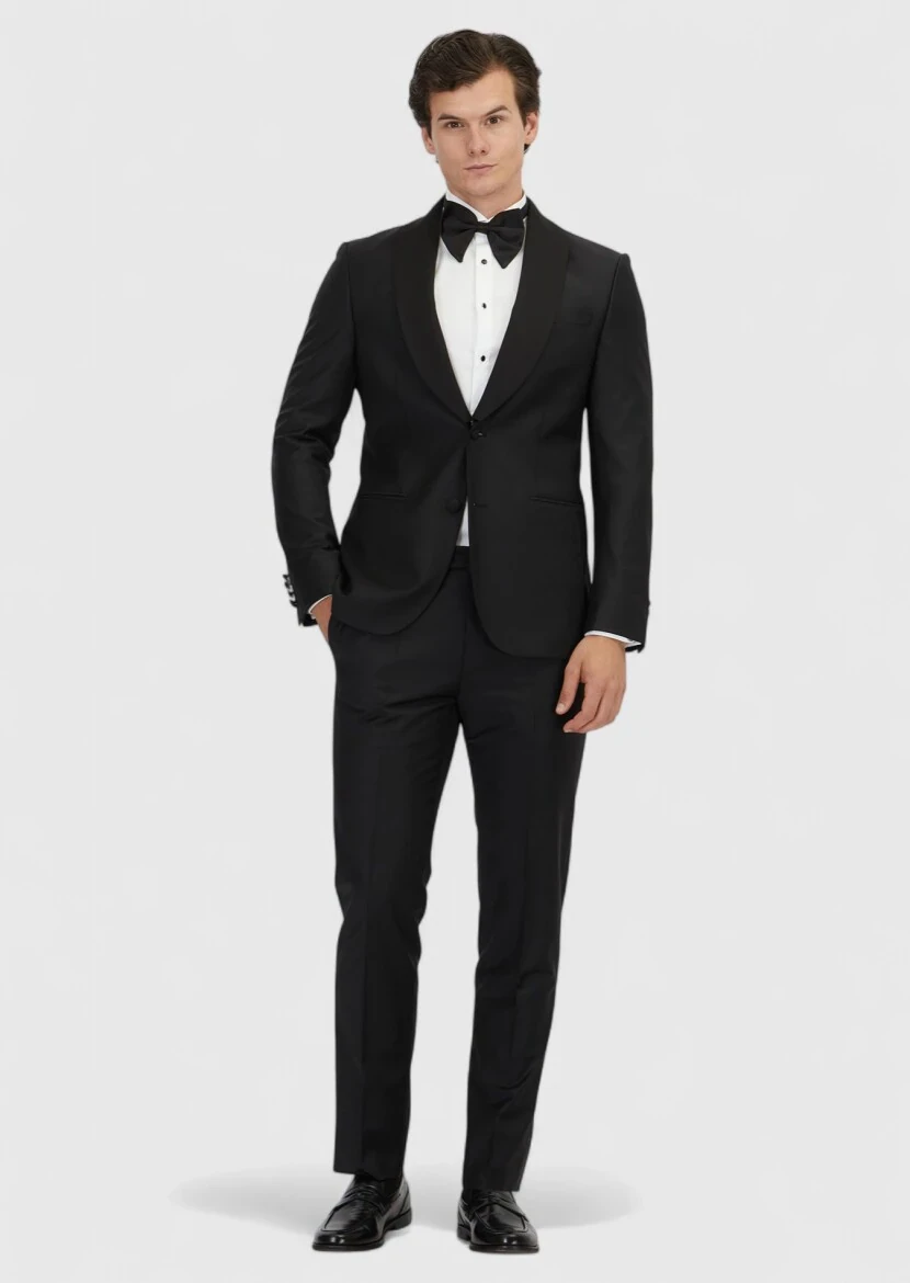 Black Plain Modern Fit Butterfly Collar Weaving Tuxedo - 2