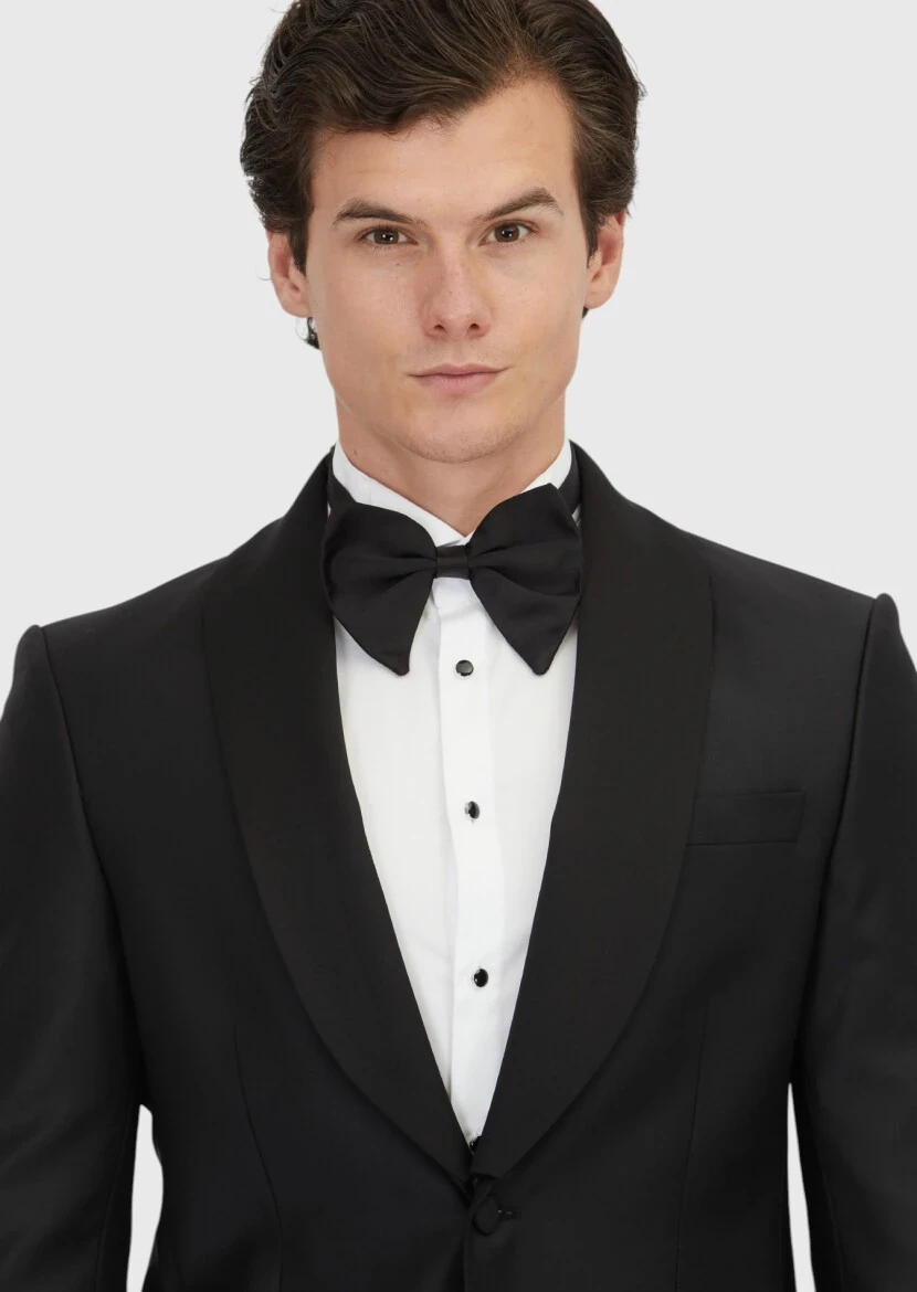 Black Plain Modern Fit Butterfly Collar Weaving Tuxedo - 3