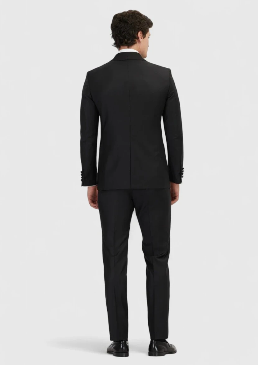 Black Plain Modern Fit Butterfly Collar Weaving Tuxedo - 5