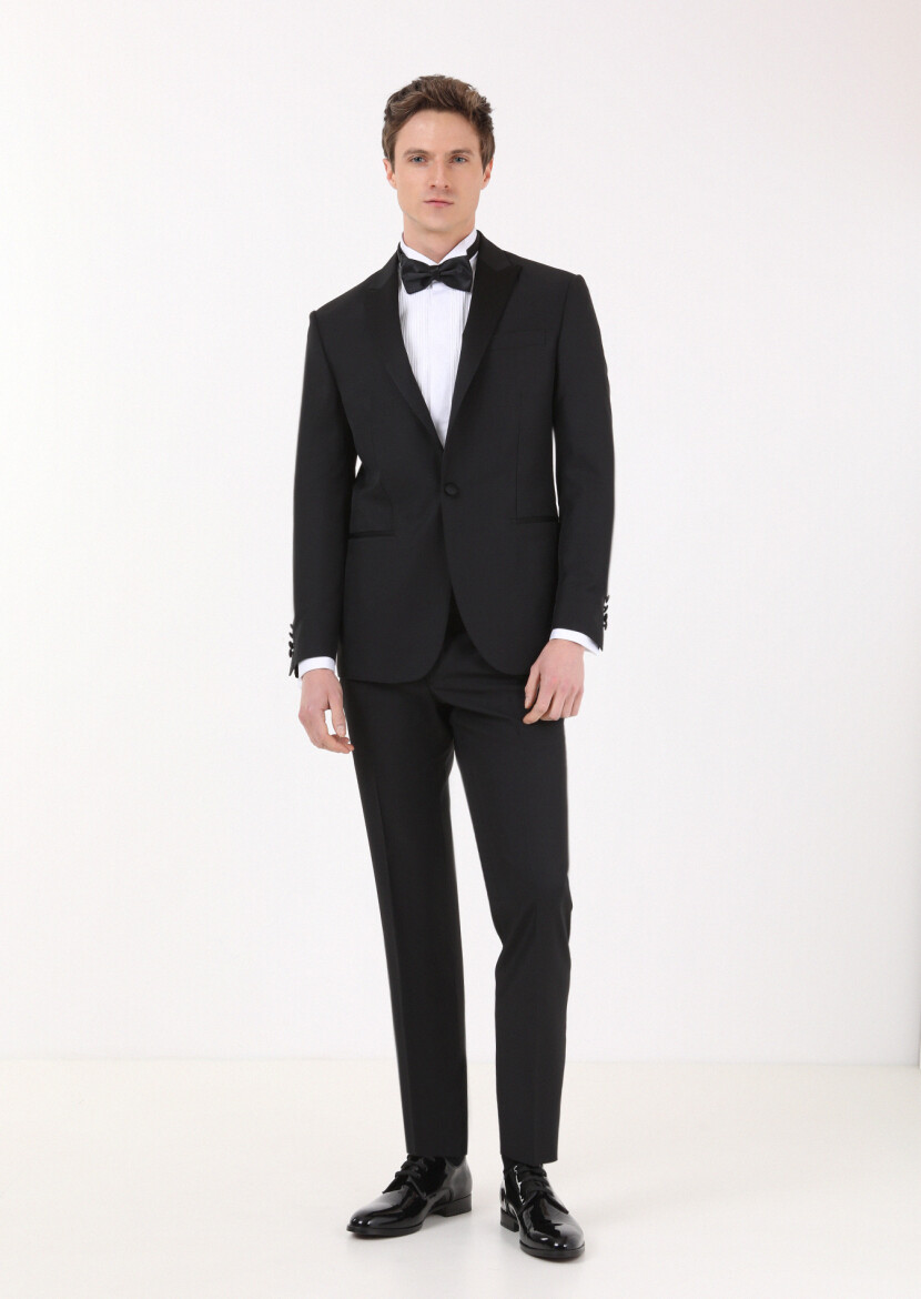 Black Plain Modern Fit Double Breasted Collar Weaving Tuxedo 