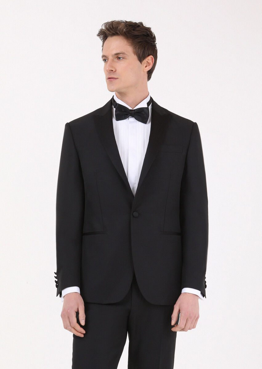 Black Plain Modern Fit Double Breasted Collar Weaving Tuxedo - 1