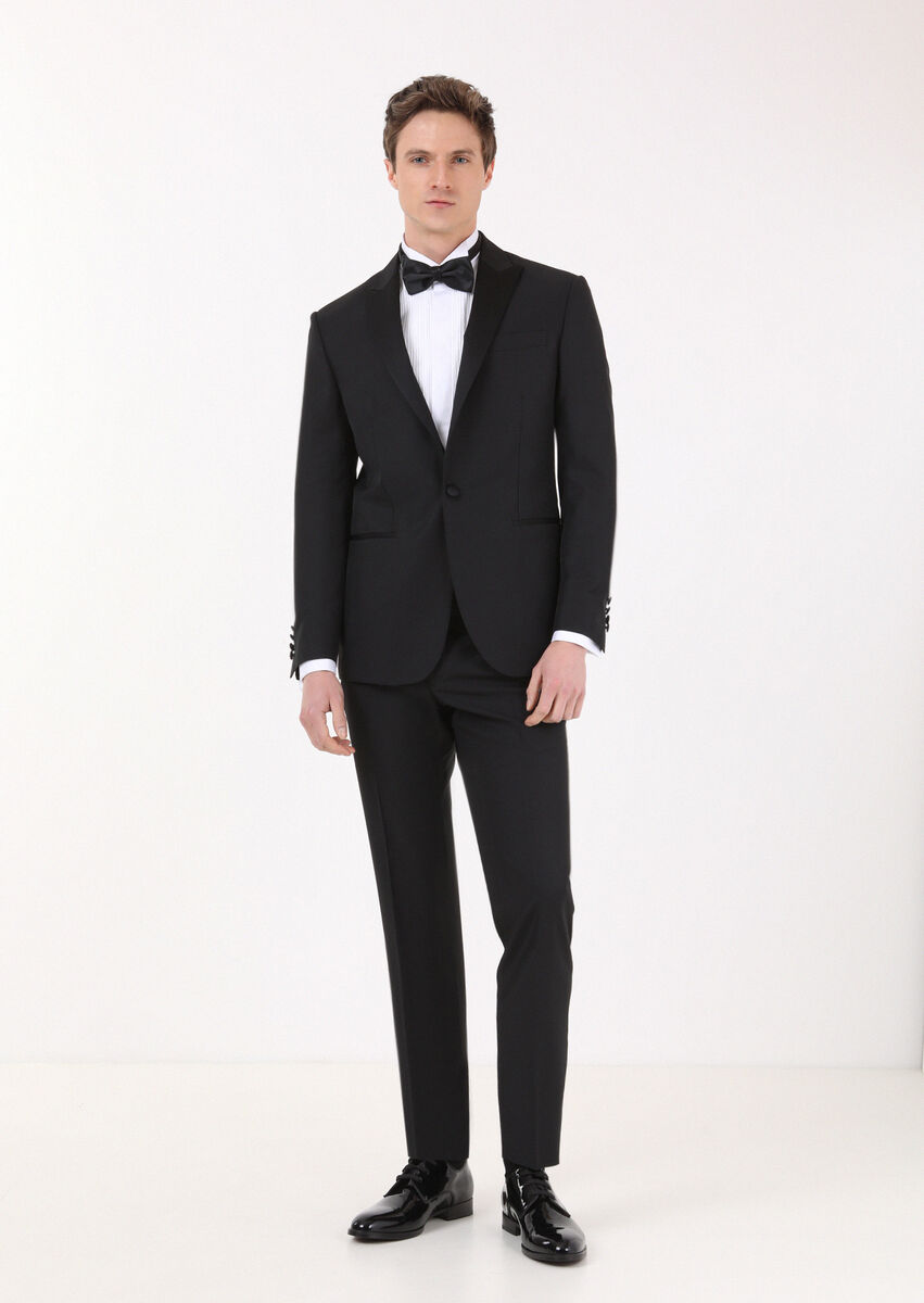 Black Plain Modern Fit Double Breasted Collar Weaving Tuxedo - 2