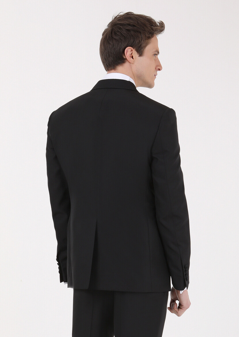 Black Plain Modern Fit Double Breasted Collar Weaving Tuxedo - 4