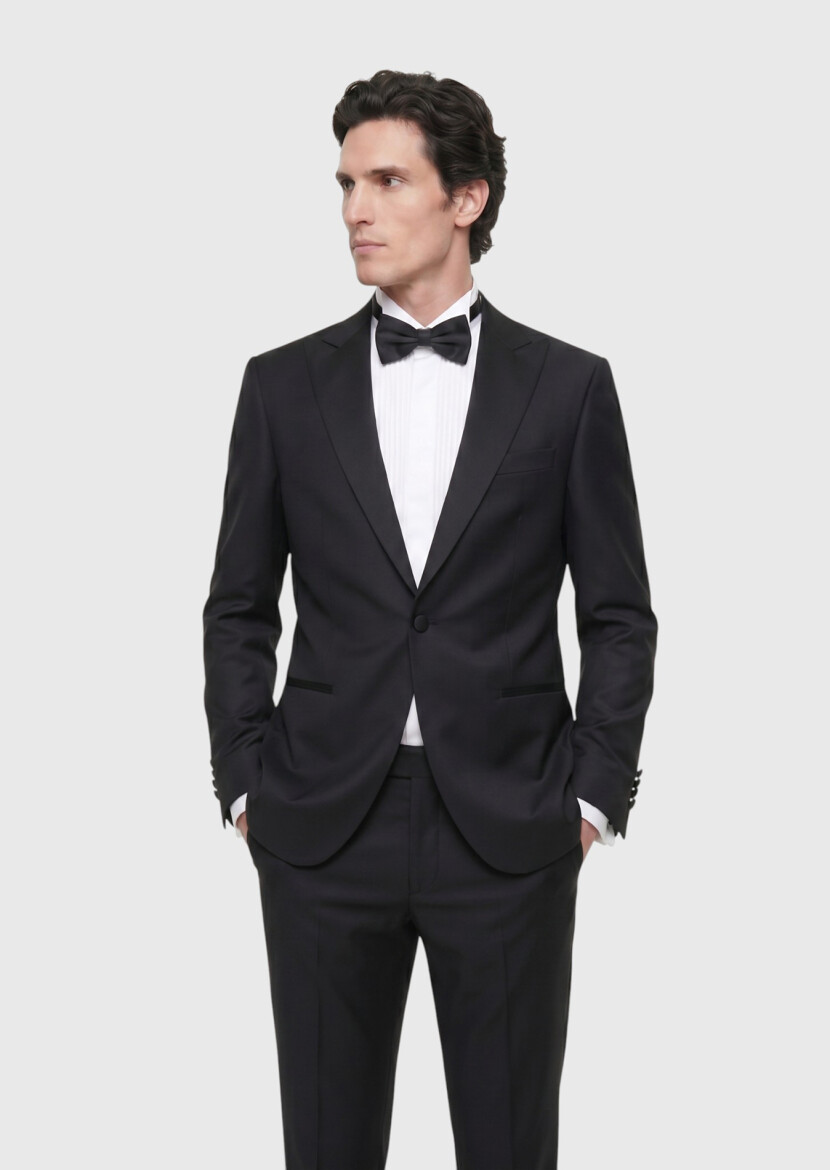 Black Plain Modern Fit Double Breasted Collar Weaving Tuxedo - RAMSEY