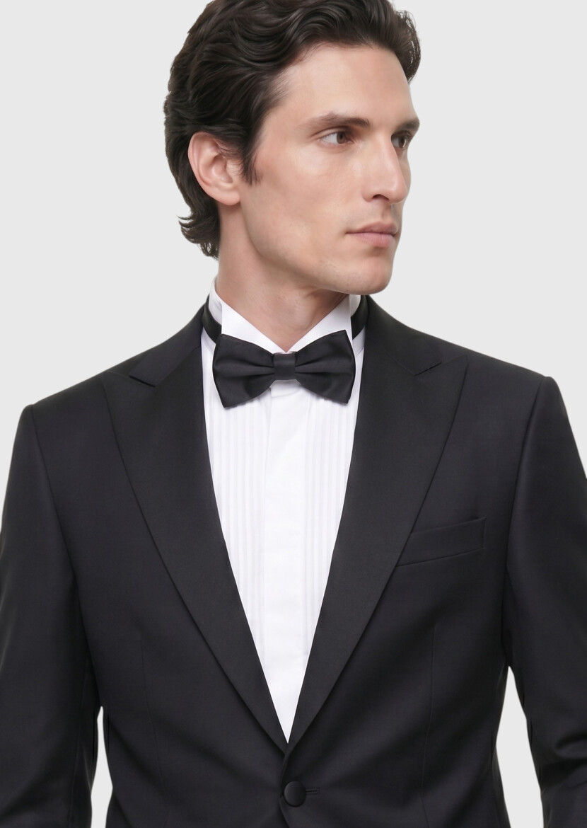 Black Plain Modern Fit Double Breasted Collar Weaving Tuxedo - 3
