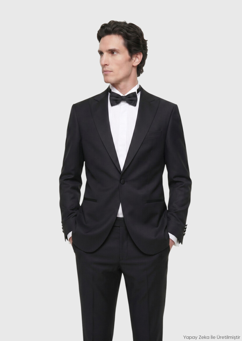 Black Plain Modern Fit Double Breasted Collar Weaving Tuxedo - RAMSEY